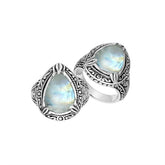 Sterling Silver Rainbow Moonstone Ring With Balinese Carved Band For Women